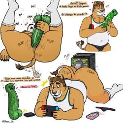 2d 2d_(artwork) anthro anus anus_focus bulge cheno chubby chubby_male creeper creeper_(minecraft) dildo dildo_in_ass dildo_insertion furry furry_male furry_only gay heart hearts_around_head lion living_sex_toy lube lube_bottle lube_drip minecraft minecraft_mob moaning moaning_in_pleasure nintendo_switch nipples object_insertion on_back overweight overweight_male phone piston_(minecraft) plap shirt_only solo solo_male spanish_dialogue spanish_text tail tail_wagging underwear underwear_aside white_background