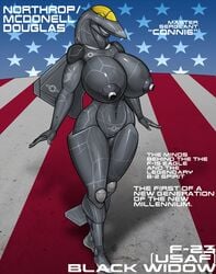 1girls 2017 aeromorph aircraft airplane american_flag anthro barely_visible_genitalia big_breasts breasts connie_(renthedragon) english_text erect_nipples female female_only green_eyes half-closed_eyes huge_breasts jet living_aircraft living_machine machine navel nipples nude original pussy renthedragon smile solo standing subtle_pussy text thick_thighs voluptuous wide_hips yf-23