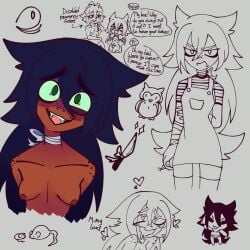1boy 1girls black_hair crazy_eyes dark-skinned_female degrees_of_lewdity dog_girl english_text eyebags fem_kylar_(dol) female freckles freckles_on_face freckles_on_hips freckles_on_shoulders green_eyes hairy_pussy hearts knife kylar_(dol) male messy_hair mouse owl owl_plushie_(dol) rat sharp_fangs tagme