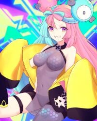 1girls breasts dress female game_freak halter_dress halterneck iono_(pokemon) leg_band light_blue_hair long_hair nintendo open_jacket pink_eyes pink_hair pokemon pokemon_sv see-through_clothing see-through_dress tomboyish truejekart