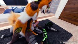 16:9 3d_(artwork) 4k absurd_res anthro balls black_bars blender_(artwork) blender_cycles bodily_fluids canid canine cum cum_drip cum_on_penis digital_media_(artwork) dripping duo ejaculation faronfloof faronfloof(character) genital_fluids genitals helltouchedfox hi_res knot knotted_penis letterbox looking_at_another lying_on_ground male male/male mammal on_ground penetration penile penile_penetration penis rexouium tail tail_motion tailwag vrchat_model watermark widescreen