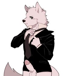 5_fingers alternate_version_available anthro balls blush bottomless canine circumcised clothed clothing erection humanoid_penis male male_only mammal mintea_(artist) necktie penis precum puppyjelly simple_background solo standing wolf