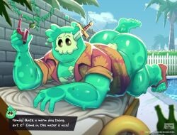 absurd_res alcohol ass barefoot bedding beer belly beverage big_butt clothed clothing doug_(monster_con) el_booki english_text feet footwear goo_creature hi_res humanoid lying male monster_con monster_prom nude on_front outside overweight overweight_male partially_clothed plant pool_chair pool_toy poolside sandals shoes slightly_chubby slime solo swimming_pool text topwear towel translucent water