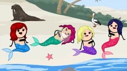 4girls accurate_art_style blonde_hair censor_bar censored cyanide_and_happiness dark_blue_hair fake_play_button fake_video female mermaid mermaid_tail multiple_girls parody pink_hair play_button red_hair tagme webcomic