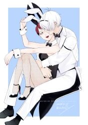 1boy 1girls alternate_costume auburn_hair bowtie bunny_ears bunnysuit canon_couple detached_collar fangs female fishnets fully_clothed gegege_no_kitarou hair_over_one_eye high_heels husband_and_wife ikukodx iwako_(gegege_no_kitarou) kitarou_tanjou_gegege_no_nazo lipstick male male_playboy_bunny married_couple medama_oyaji_(human) pale-skinned_female pale-skinned_male pale_skin playboy_bunny red_lipstick short_hair sitting smile very_short_hair white_hair wholesome wrist_cuffs