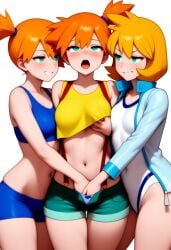 3girls ai_generated bikini blue_bikini blue_panties bow_panties breast_grab female fingering fingering_under_clothes ginger ginger_hair hand_in_another's_panties hand_in_panties kasumi_(pokemon) medium_breasts microshorts moaning novelai one-piece_swimsuit panties panty_peek pokemon pokemon_(anime) pokemon_(game) pokemon_frlg pokemon_gsc pokemon_hgss selfcest short_shorts shorts smug smug_grin teenage_girl teenager underboob yuri