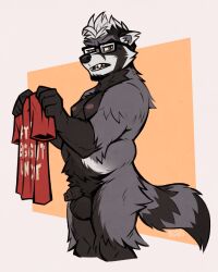 2025 anthro arm_tuft badger balls big_balls black_body black_fur black_nose brown_eyes buyo_(artist) cheek_tuft clothing crotch_tuft ear_tuft eyewear facial_tuft fat_tits_big_gut_uncut flaccid foreskin fur genitals geometric_background glasses grey_body grey_fur hair hip_tuft holding_object hybrid leg_tuft male mammal markings mustelid musteline nipples orange_background penis pink_nipples portrait procyonid raccoon rectangular_glasses sharp_teeth shirt simple_background snout solo striped_markings striped_tail stripes tail tail_markings teeth teeth_showing three-quarter_portrait topwear tuft white_body white_fur white_hair
