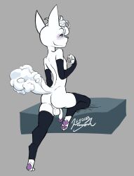 alolan_form alolan_vulpix anthro arm_warmers armwear ass backsack balls blue_sclera blush clothed clothing femboy footwear fur generation_1_pokemon generation_7_pokemon genitals glans hair half-erect hi_res humanoid_genitalia humanoid_penis kneeling legwear looking_back male male_anthro messy_hair nintendo nipples on_one_knee pawpads penis pokemon pokemon_(species) presenting presenting_hindquarters pupils regional_form_(pokemon) signature skimpy slim_anthro slim_male socks solo tail thigh_highs thigh_socks vulpix wayesh white_body white_fur white_hair white_pupils