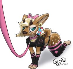 accessory all_fours antelope anthro arm_warmers armwear ass bovid bow_ribbon ceryne_(artist) clothed clothing collar crop_top dik-dik ear_piercing ear_ring femboy first_person_view hair_accessory hair_ribbon hairbow hi_res leash leashing_pov legwear looking_at_viewer male mammal piercing pint_(ceryne) ribbons ring_piercing shirt short_stack solo thigh_highs thong topwear true_antelope underwear