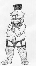 2016 animatronic anthro balls bear black_and_white blush bow_tie clothing crossed_arms erection fishnet five_nights_at_freddy's five_nights_at_freddy's_2 garter_belt garter_straps half-closed_eyes hat inkyfrog legwear looking_at_viewer machine male mammal monochrome panties penis poking_out robot simple_background solo standing stockings top_hat toy_freddy_(fnaf) traditional_media_(artwork) underwear video_games white_background