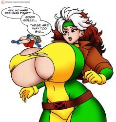 about_to_burst anna_marie attribute_theft big_breasts breast_awe breast_expansion breast_growth breasts breasts_bigger_than_head brown_hair bursting_breasts coloredyiddies dc dc_comics freckles huge_breasts inconvenient_breasts kara_zor-el marvel marvel_comics outgrowing_clothes power_girl ripped_clothing rogue_(x-men) surprised text too_big too_big_(phrase) white_hair