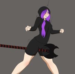 1girl 1girls axe ceris_(rainimator) cuntbust cuntbusting groin_attack hair_over_one_eye hoodie hurt hurt_expression long_hair long_sleeves mcyt minecraft minecraft_youtubers pain purple_eyes purple_hair rainimator twitch twitch.tv twitch_streamer twitter youtube youtuber youtubers
