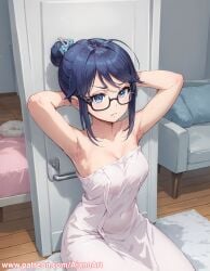 ahoge ai_generated aianoart armpit_stubble armpits arms_up bangs bare_shoulders black-framed_eyewear blue_eyes blue_hair blush breasts cleavage closed_mouth collarbone dress eyebrows_visible_through_hair female frown glasses hair_bun hair_ornament indoors long_hair looking_at_viewer medium_breasts mila_(miside) miside mita_(miside) naked_towel semi-rimless_eyewear sidelocks sitting solo swept_bangs towel wet