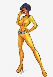 1girls 2010s 2011 alex_(totally_spies) belt black_eyebrows black_eyelashes black_hair blush_lines bodysuit boots breasts brown_blush_lines brown_eyes camel_toe cameltoe clothing covered_erect_nipples dark-skinned_female dated eyebrows eyelashes female female_only front_view grey_belt hand_on_hip high_heel_boots high_heels human human_only large_breasts lipstick looking_at_viewer navel_line nipple_bulge one_eye_closed orange_bodysuit orange_clothing png posing red_lipstick rubber rubber_clothing rubber_suit senseibushido shiny_clothes signature simple_background smile solo standing teeth tight_clothing totally_spies tzoli white_background winking winking_at_viewer yellow_bodysuit yellow_clothing yellow_rubber