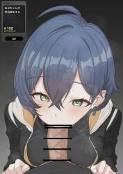 1boy 1girls absurdres bar_censor belle_(zenless_zone_zero) black_jacket black_shirt blue_hair brother_and_sister censored earclip earrings female gameplay_mechanics green_eyes hair_between_eyes highres hood hooded_jacket jacket jewelry looking_at_viewer male male_pov oral penis ponpokotanutan1 shirt short_hair simple_background steam sweatdrop translated user_interface wise_(zenless_zone_zero) zenless_zone_zero