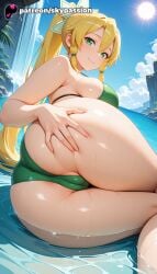 1girls 2025 ai_assisted ai_generated anime artist_name ass ass_grab beach big_ass bikini blonde_hair blue_sky booty breasts bust cloud explicit eyebrows_visible_through_hair grabbing_own_ass green_bikini green_eyes hi_res high_quality high_resolution highres leafa leafa_(sao) leafa_(terraria)_(sao) long_hair looking_at_viewer outdoors partially_submerged patreon patreon_username ponytail pool poolside sky skypassion smile solo stable_diffusion swimsuit sword_art_online sword_art_online:_alicization twin_braids water watermark wet