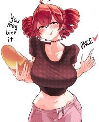 acidie baguette big_breasts blush blushing_at_viewer breasts female hips horny horny_female huge_breasts kasane_teto looking_at_viewer red_hair solo teasing thick_thighs thighs tits tongue