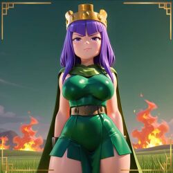 1girls 3d 3d_(artwork) 3d_artwork absurd_res absurd_resolution absurdres ai_generated archer_queen_(clash_of_clans) archer_queen_(clash_royale) artist_request athletic athletic_body athletic_female big_ass big_breasts big_butt blush blushed_face blushing_at_viewer blushing_female breasts busty busty_female busty_girl cape clash_(series) clash_of_clans clash_royale clothed clothing crown curvaceous curvaceous_female curvaceous_figure curvy curvy_body curvy_female curvy_figure curvy_hips cute cute_expression cute_eyes cute_face cute_female dress dressed female female_only female_solo fire flames front_view fully_clothed fully_dressed grass grass_field green_cape green_clothing green_dress green_skirt half-closed_eyes headwear hi_res high_quality high_resolution highres huge_breasts large_breasts large_butt legs long_hair looking_at_viewer purple_eyes purple_hair seductive seductive_body sideboob skirt sky slim_waist small_waist solo_female standing supercell supercell_(company) thick_thighs thighs thin_waist