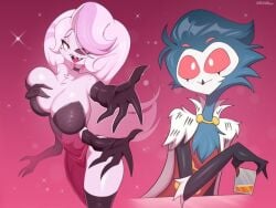 2boys angel_dust_(hazbin_hotel) angel_in_drag_(hazbin_hotel) blue_fur busty_male crossdressing drag_(fashion) drag_queen femboy femboy_dilf hazbin_hotel hazbin_hotel_(season_2) helluva_boss male male_only markmanez owl owl_demon red_eyes spider stolas_(helluva_boss) tagme vivienne_medrano white_fur