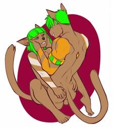 ambiguous_gender anthro ass blonde_hair duo ear_piercing faint_(artist) feline female genderswap hair hug male mammal nude piercing rule_63 selfcest sex smile straight_sex