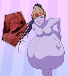 big_belly breasts clothing female looking_at_viewer looking_up mercy nipples nude oral_vore overwatch starcrossing stomach_bulge visor vore vore_belly widowmaker yuri