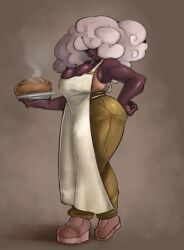 1girls 2025 annette_apricot annettesugar apron bakery big_breasts big_thighs bra bread breasts breasts_bigger_than_head brown_background cleavage clothed clothed_female color curly_hair curvy curvy_female curvy_figure dark-skinned_female dark_skin digital_media eyes_covered female female_only fit fit_female food footwear grey_background hair_over_eyes holding_object huge_breasts human lips long_hair pants pose shadow shiny_skin side_view simple_background thick_thighs thighs voluptuous voluptuous_female waitress white_hair wide_hips