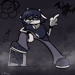 amplifier anthro bottomwear bovid breasts caprine cleavage clothed clothing female footwear genitals gesture hand_gesture hi_res horn mammal middle_finger pants parappa_the_rapper penis rammy_lamb sheep shirt shoes solo sony_corporation sony_interactive_entertainment theenfman tongue tongue_out topwear um_jammer_lammy