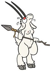 2016 anthro breasts caprine clothing female goat holding_object holding_weapon mammal melee_weapon nervous polearm pussy solo spear standing sweat trout_(artist) weapon
