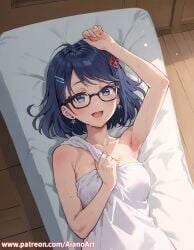 :d ahoge ai_generated aianoart armpit_stubble armpits arms_up bangs bare_arms bare_shoulders bed bed_sheet black-framed_eyewear black_hair blue_eyes blue_hair blush breasts cleavage collarbone dress earrings eyebrows_visible_through_hair female glasses hair_ornament hairclip indoors jewelry looking_at_viewer lying medium_breasts mila_(miside) miside mita_(miside) naked_towel on_back on_bed open_mouth pillow short_hair smile solo sweat towel