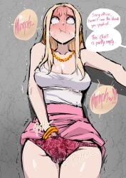1girls absurdres barbara_(biku) bare_shoulders biku blonde_hair blush bow bow_panties breasts cleavage clothes_lift desperation english_text female hand_in_own_panties hand_in_panties have_to_pee hiding highres holding_breath holding_crotch jewelry large_breasts long_hair necklace original panties pee_denial pee_desperation peeing peeing_self pink_panties shiny_skin skirt skirt_lift speech_bubble stained_panties sweat tank_top thighs underwear urine white_tank_top