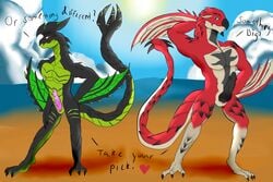 anthro astalos beach capcom clothing daikuhiroshiama dialogue heart male male_only monster_hunter penis presenting rathalos seaside slit video_games wings