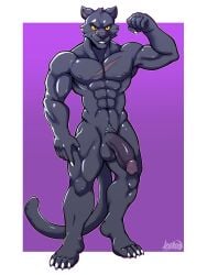 abs absurd_res anthro artejaxton balls biceps digital_media_(artwork) feet felid feline fingers flexing flexing_bicep fur genitals half-erect hi_res humanoid_genitalia humanoid_penis looking_at_viewer male mammal muscular muscular_anthro muscular_male navel nipples nude panthera pantherine pecs penis simple_background smile solo standing tail toes