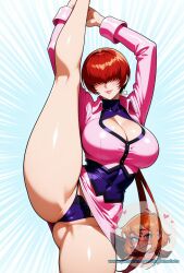 1girls ai_generated ai_generated_sluts big breasts exposed_panties female fully_clothed hidden_eyes king_of_fighters long_hair pencil_skirt red_hair shermie_(kof) standing standing_on_one_leg standing_split the_king_of_fighters
