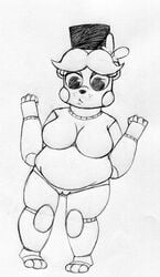 2016 animatronic anthro barely_visible_genitalia bear black_and_white breasts five_nights_at_freddy's five_nights_at_freddy's_2 hat inkyfrog machine male mammal monochrome nude pussy robot rule_63 shortstack simple_background solo standing subtle_pussy top_hat toy_freddy_(fnaf) traditional_media_(artwork) video_games white_background