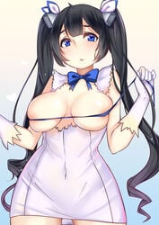 black_hair blue_eyes breasts breasts_out covered_navel dungeon_ni_deai_wo_motomeru_no_wa_machigatteiru_darou_ka female gloves hair_ribbon hestia_(danmachi) long_hair rei_no_himo ribbon skindentation solo sunege_(hp0715) tied_hair twintails white_gloves