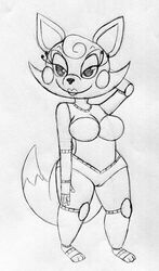 2016 animatronic anthro barely_visible_genitalia black_and_white breasts canine female five_nights_at_freddy's five_nights_at_freddy's_2 fox half-closed_eyes hand_behind_head inkyfrog looking_at_viewer machine mammal mangle_(fnaf) monochrome nude pussy robot shortstack simple_background smile solo standing subtle_pussy traditional_media_(artwork) video_games white_background