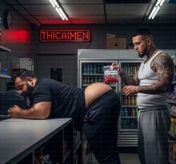 2boys ai ai_generated ass_focus ass_out bent_over big_ass big_ass_(male) big_butt black_hair bubble_butt convenience_store daddy dilf gay gray_sweatpants gray_sweats huge_ass huge_butt looking_at_ass looking_at_butt male male/male male_only mature_male older_male staring_at_ass staring_at_butt store tank_top thicaimen underwear white_tank_top