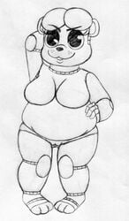 2016 animatronic anthro barely_visible_genitalia bear black_and_white breasts female five_nights_at_freddy's freddy_(fnaf) hand_behind_head hand_on_hip inkyfrog machine male mammal monochrome nude pussy robot rule_63 shortstack simple_background smile solo standing subtle_pussy traditional_media_(artwork) video_games white_background