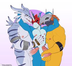 5_fingers abs anthro anthro_on_anthro areola arm_around_another arm_around_partner arm_belt artist_name athletic athletic_anthro athletic_male ball_fondling balls bandai_namco barazoku biceps big_muscles biped black_nose blue_body blue_scales claws colored countershade_fur countershade_hands countershade_scales countershading deltoids digimon digimon_(species) digital_drawing_(artwork) digital_media_(artwork) dipstick_ears ear_markings erection fangs finger_claws fingers flamedramon flat_colors fondling front_view fur genitals glans gradient_background green_eyes grey_body grey_fur group hair hand_around_waist hand_behind_head hand_belt hand_on_another's_balls hand_on_another's_chest hand_on_another's_penis hand_on_penis hi_res humanoid_genitalia humanoid_hands humanoid_penis interspecies licking licking_lips long_ears looking_at_another looking_at_viewer male male/male male_anthro manly mask mask_only multicolored_body multicolored_ears multicolored_fur multicolored_scales muscle_size_difference muscular muscular_anthro muscular_arms muscular_male narrowed_eyes nipples non-mammal_balls non-mammal_nipples nude nude_anthro nude_male open_mouth open_smile orange_hair overbite patreon patreon_logo patreon_username pecs penis penis_size_difference pink_areola pink_glans pink_nipples pink_penis pink_tongue portrait purple_claws purple_finger_claws red_eyes scales scalie shaft_divide sharp_teeth simple_background smile smiling_at_another smiling_at_viewer spelunker_sal standing striped_body striped_fur stripes teeth text three-quarter_portrait three-quarter_view tongue tongue_out triceps trio two_tone_body two_tone_scales underbite vein veiny_penis wargreymon weregarurumon white_body white_claws white_countershading white_finger_claws white_scales wrist_belt yellow_body yellow_eyes yellow_scales