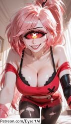 1girls ai_generated cherri_bomb cyclops day daytime dyzertai female hazbin_hotel huge_breasts looking_at_viewer pink_hair red_eyes sharp_teeth solo standing