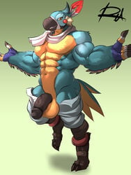 1boy anthro avian balls beak bird breath_of_the_wild clothed clothing feathers flaccid half-erect humanoid_penis kass_(zelda) male male_only muscular muscular_male navel nintendo pants_down parrot partially_clothed pecs penis reclamon rito smile solo spread_arms talons the_legend_of_zelda thick_penis topless vein veiny_penis video_games