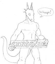 anthro censor_bar dragon english_text erection humor male male_only monochrome penis salamander_(artist) scalie solo text traditional_media_(artwork)