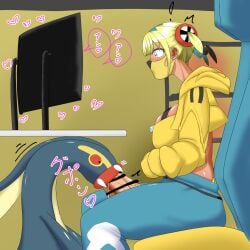 1futa anthro blonde_hair blowjob blue_hair canari_(pokemon) canary_(pokemon) cleavage clothed clothing computer computer_monitor desk eelektross futanari game_freak generation_5_pokemon grey_eyes jacket japanese_text leggings makeup mammal mask multicolored_hair nintendo oral penis pokemon pokemon_(species) pokemon_focus pokemon_legends:_z-a pokephilia shibirudon under_the_table watching_porn
