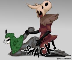 ant arthropod big_breasts black_eyes bone breasts butt_slap dehromansfw duo fan_character female fur_clothing grass grass_hair grey_body grey_skin hi_res hollow_knight hollow_knight:_silksong hollow_knight_(franchise) humanoid hymenopteran insects male male/female mask plant red_body red_skin shaded skarr_(hollow_knight) skarr_stalker skull slap smack_(sound_effect) smacking_ass spanked_butt spanking team_cherry text