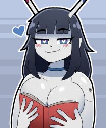 android android_girl beepo_(chunkymoon) big_breasts black_hair blue_choker blue_eyes book breasts breasts_out breasts_out_of_clothes enormous_breasts eyelashes female female_focus female_only horny horny_female huge_breasts large_breasts machine metallic_body robot robot_girl robot_humanoid robot_joints sole_female teasing teasing_viewer voluptuous voluptuous_body voluptuous_female white_body