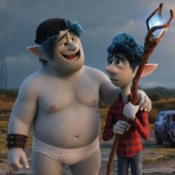 2026 2boys accurate_art_style ai_generated barley_lightfoot beanie blue_hair blush briefs brothers brown_eyes chatgpt chubby curly_hair disney edit elf gay ian_lightfoot male male_only onward_(2020) pixar screencap spiked_bracelet staff underwear van vehicle white_underwear yaoi