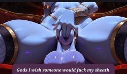 ai_art ai_assisted ai_generated bangle blue_skin dialogue dialogue_box dialogue_bubble draenei fingering fully_sheathed futanari galagex gold_jewelry sheath sheath_fingering sheath_play sitting stockings taker_pov underboob veiny_balls world_of_warcraft