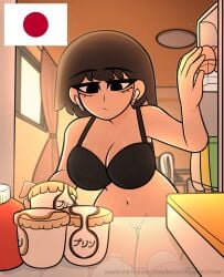 1girls airpods apple_inc. before_shower belly_button black_bra bra brown_hair eggs female first_porn_of_character fridge hana_(what_if_animation) japan_(what_if_animation) japanese_female japanese_flag national_personification no_panties no_sex original patreon patreon_link patreon_url pudding_(food) pussy vagina what_if_animation_(artist)