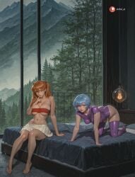 1girls 2girls ai_generated aisinful arm_support ass asuka_langley_sohryu ayanami_rei bandaged_arm bandages bare_shoulders big_ass big_breasts big_butt blue_eyes blue_hair blush bodysuit breasts collarbone covered_nipples feet female female_only forest hair_ornament hairpods hi_res huge_breasts interface_headset large_breasts lesbian long_hair medium_breasts multicolored_clothes multiple_girls nature neon_genesis_evangelion orange_hair outdoors plugsuit red_eyes short_hair skin_tight skindentation sky souryuu_asuka_langley thick_thighs tree twintails wide_hips yuri