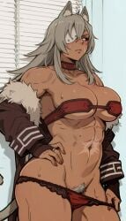 1girls abs absurdres ai ai_assisted ai_generated athletic_female bare_shoulders bikini_armor blinds blush bridal_gauntlets cat_ears cat_tail collar dark-skinned_female dark_skin detailed_eyes drop_shadow eyepatch female fitting_room fur-trimmed_jacket ghislaine_dedoldia grey_hair groin hands_on_own_hip highres lace-trimmed_panties large_breasts long_hair looking_at_another looking_to_the_side midriff muscular_female mushoku_tensei navel one_eye_covered panties_down panties_pull pelvis pubic_hair red_collar red_eyes red_trim scar_on_cheek scar_on_stomach solo standing sweat tagme toned toned_female toned_physique undressing white_eyepatch